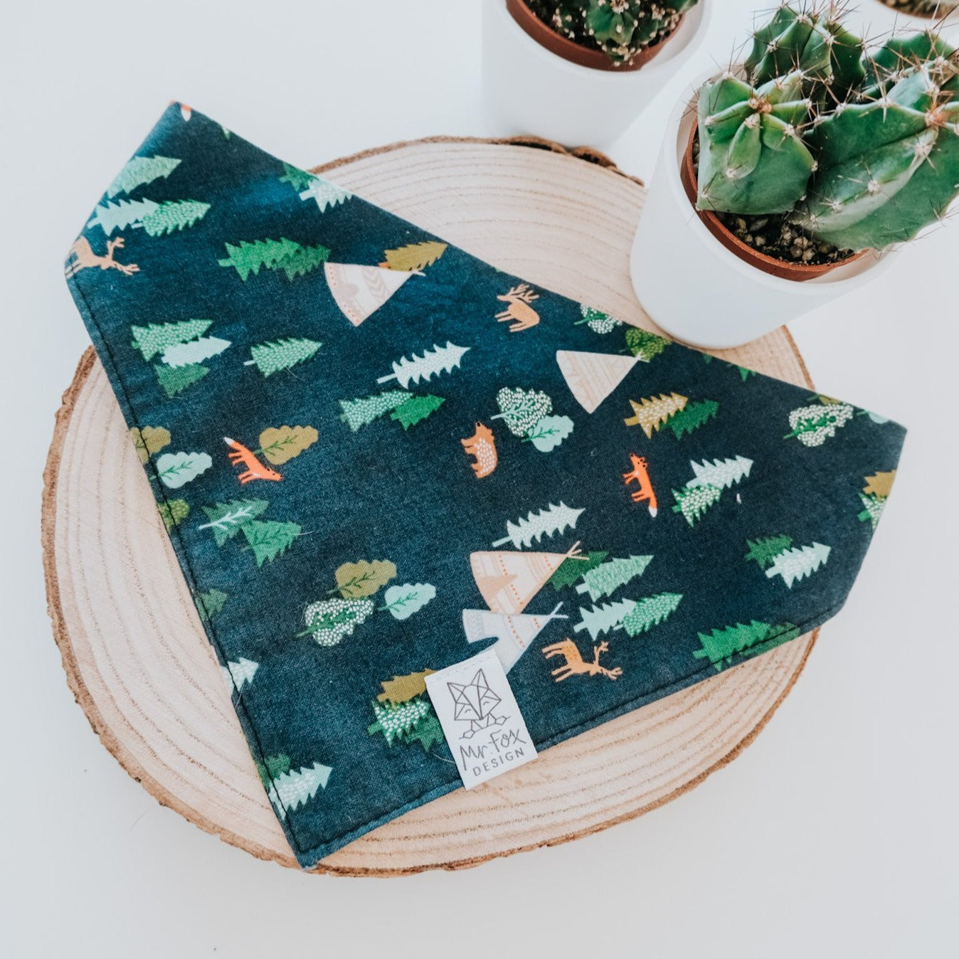 Mr.Fox Design Boho Dog Pet Bandana INTO THE WILD Blue Green Forest Fox Bear Tent